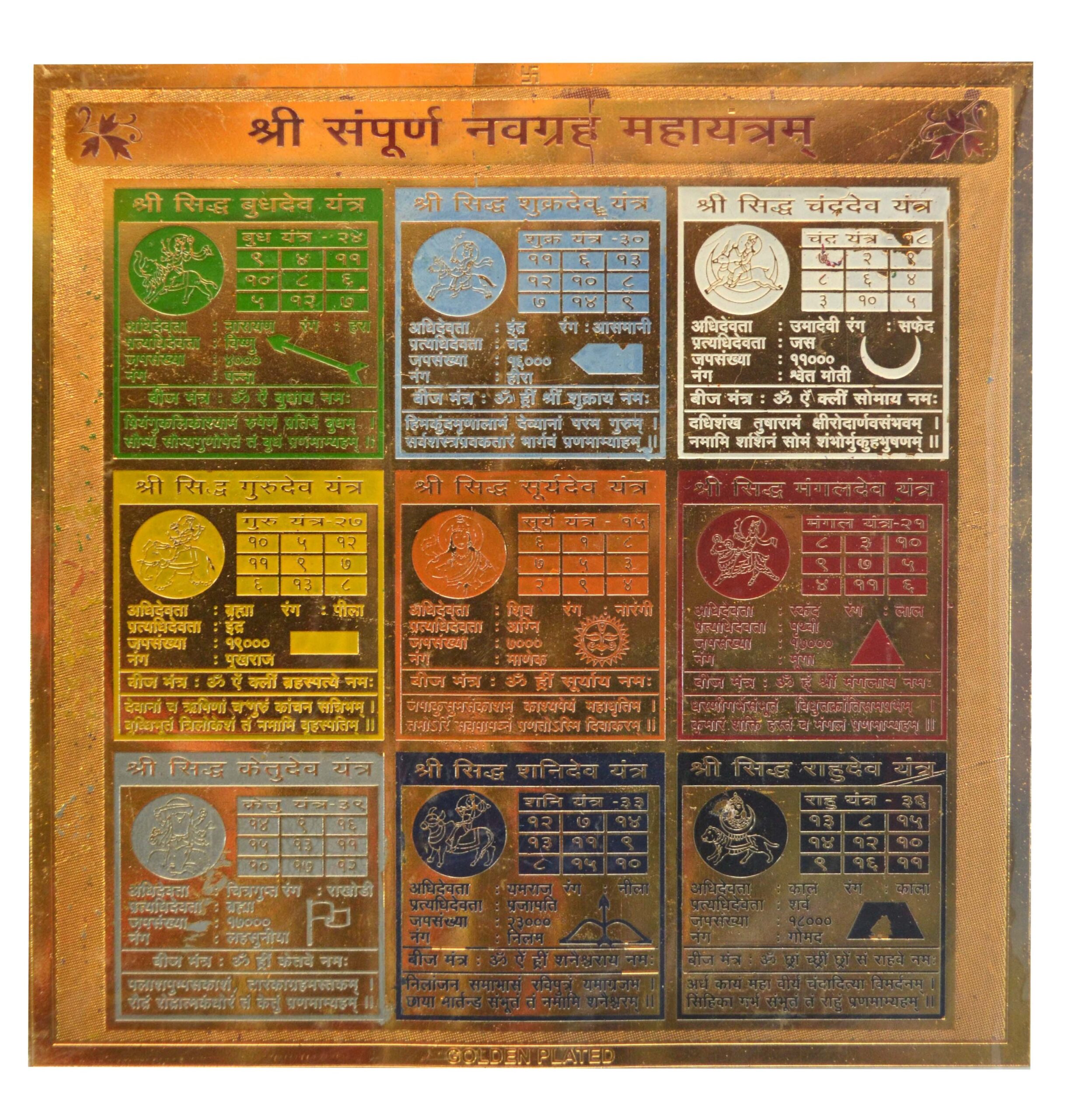 Sampoorna Navgraha Maha Yantra In Copper Gold Plated- 6 Inches