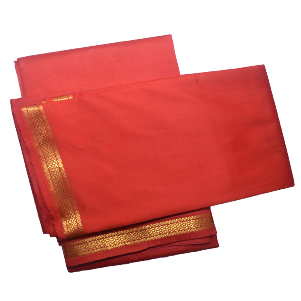 Red Dhoti With Shawl In Pure Silk Golden Border