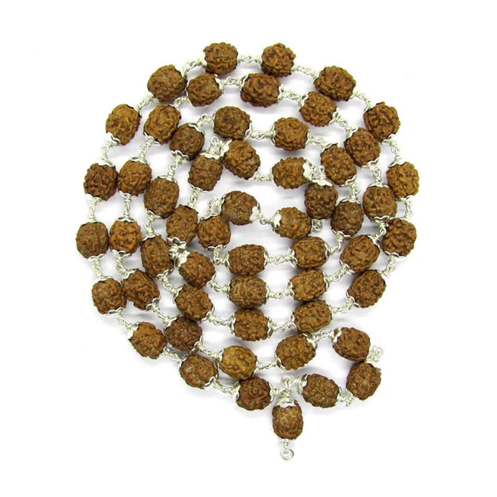 3 Mukhi Indonesian Rudraksha Mala 54 Beads In Silver - Image 2